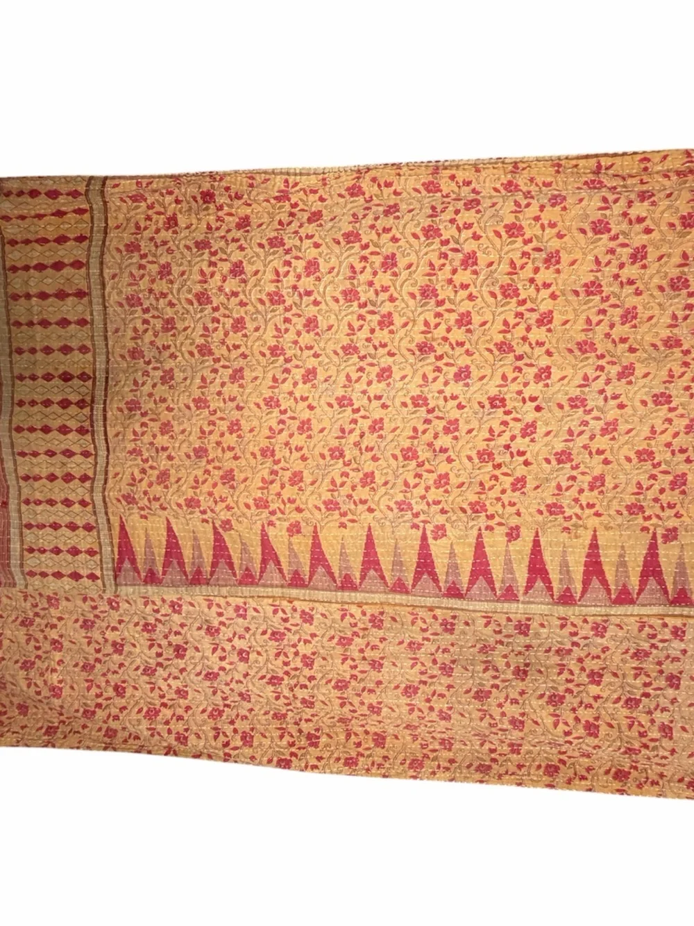 Vintage Handmade Printed Kantha Quilt India Sari Throw Blanket Twin 52x80